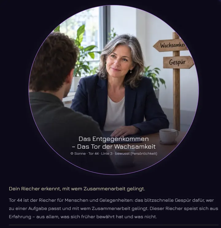 Eine angetippte Stellung: das Bild von Tor 44, Das Entgegenkommen, darunter der Kurzsatz und die Essenz des Tores.